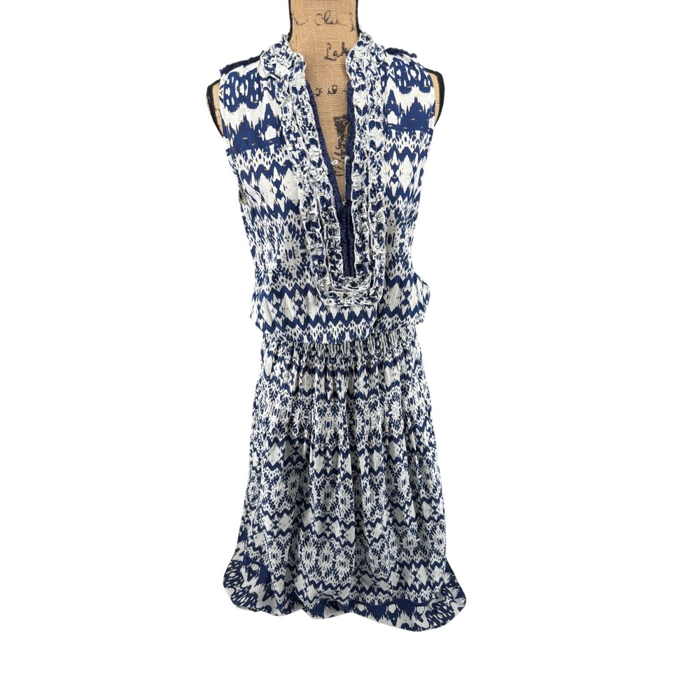 Lola Australia Maxi Dress S Blue White Morocco Ikat Cotton Beach‎ Wedding Guest